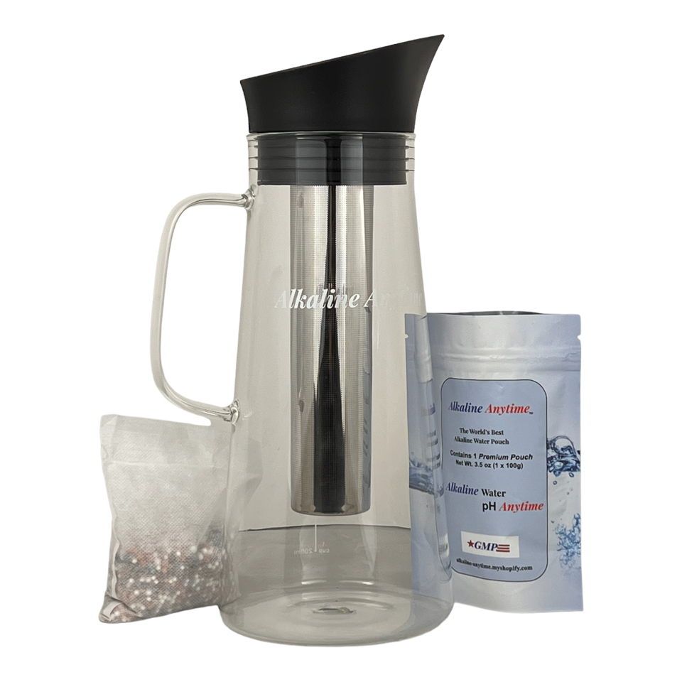 Pichet filtrant à eau alcaline avec infuseur, pichet en verre avec couvercle 1,5 L | Filtres alcalins pH 9,5 | Pichet à thé | Verre borosilicaté | Infuseur Pichet