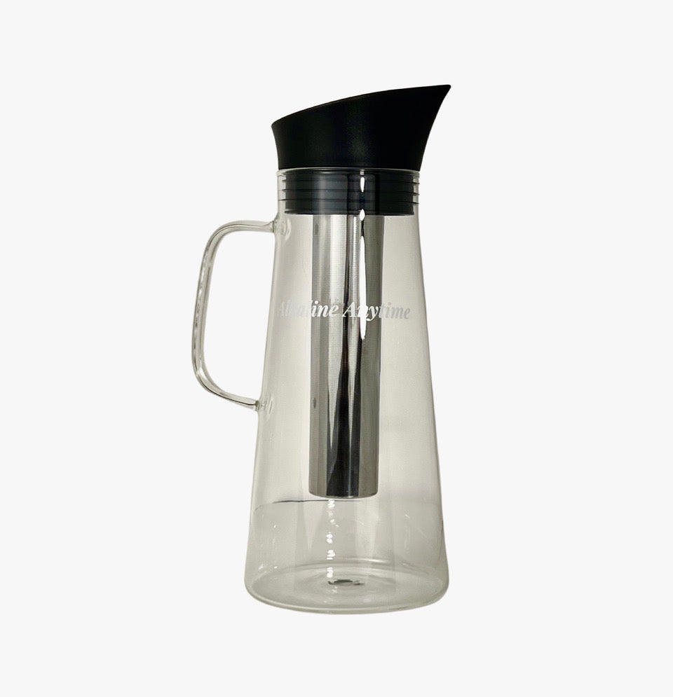 Pichet filtrant à eau alcaline avec infuseur, pichet en verre avec couvercle 1,5 L | Filtres alcalins pH 9,5 | Pichet à thé | Verre borosilicaté | Infuseur Pichet