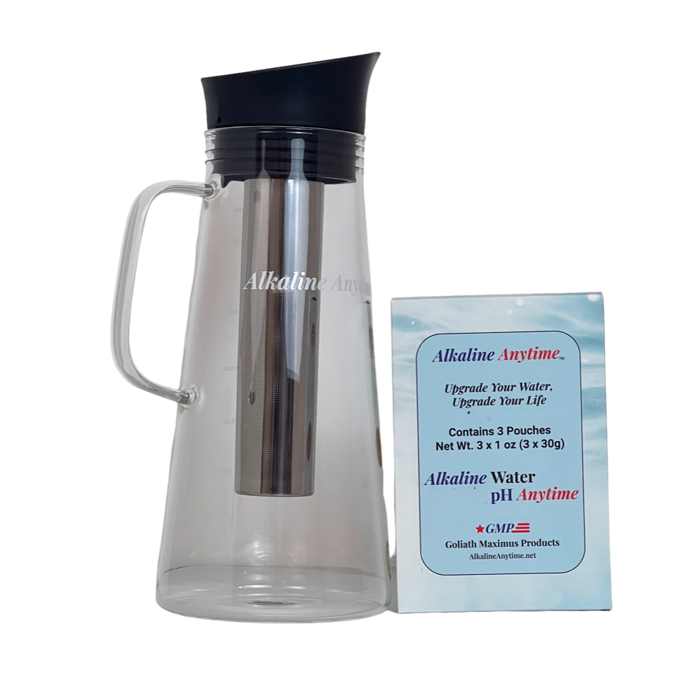 Pichet filtrant à eau alcaline avec infuseur, pichet en verre avec couvercle 1,5 L | Filtres alcalins pH 9,5 | Pichet à thé | Verre borosilicaté | Infuseur Pichet