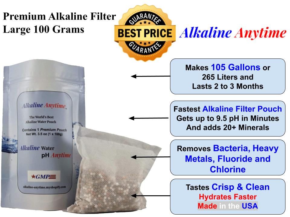 Lot de filtres alcalins à tout moment : la meilleure eau alcaline au monde - 3 paquets de 30 g et 3 paquets de 100 g, s'adaptent à n'importe quel récipient - 9,5 pH + électrolytes ionisés.