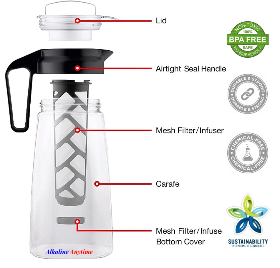 Infuseur de pichet de filtre à eau alcaline, pichet Tritan 2L | Filtres alcalins pH 9,5 | Pichet à thé | Cafetière à glace Tritan sans BPA | Infuseur Pichet
