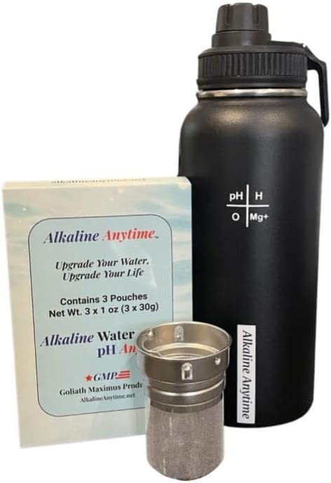 32 onces. Bouteille d'eau alcaline en acier inoxydable | Crée de l'eau pH jusqu'à 9,5+ pH | Large bouche isolée sous vide avec poignée | Pochette et infuseur Micromesh