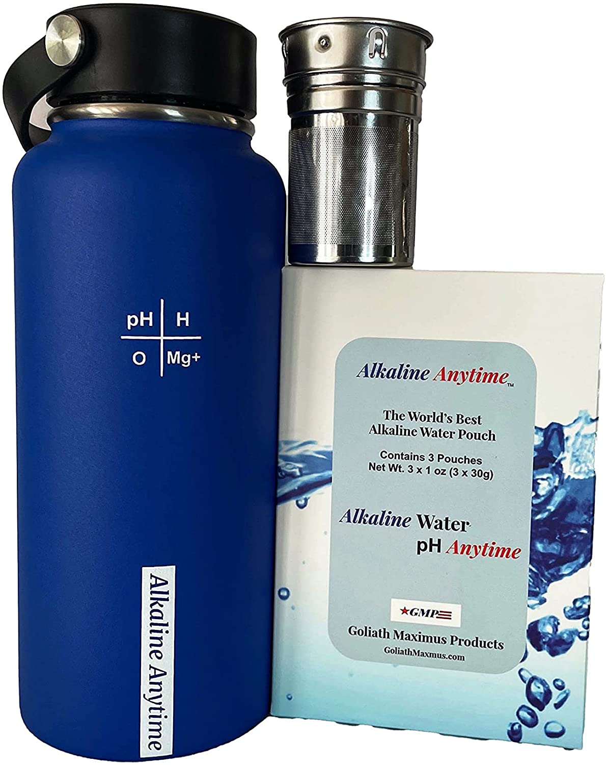 32 onces. Bouteille d'eau alcaline en acier inoxydable | Crée de l'eau pH jusqu'à 9,5+ pH | Large bouche isolée sous vide avec poignée | Pochette et infuseur Micromesh