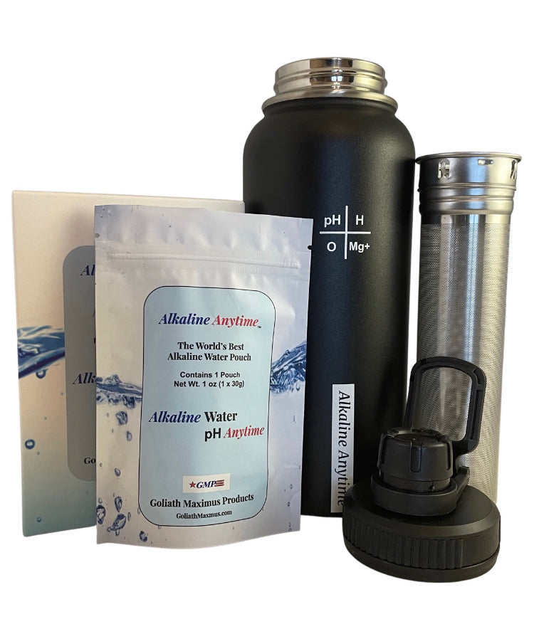 32 onces. Bouteille d'eau alcaline en acier inoxydable | Crée de l'eau pH jusqu'à 9,5+ pH | Large bouche isolée sous vide avec poignée | Pochette et infuseur Micromesh