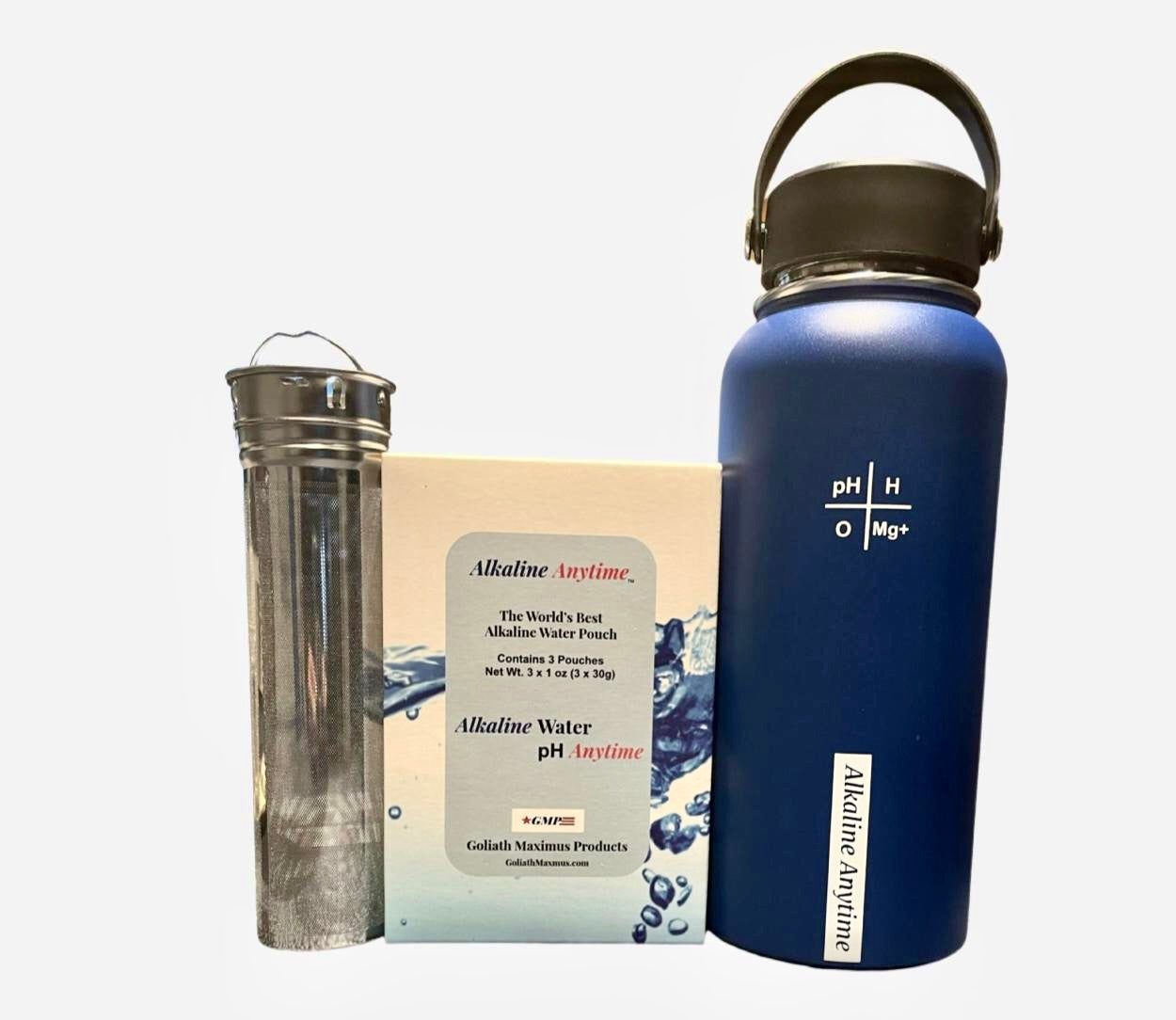 32 onces. Bouteille d'eau alcaline en acier inoxydable | Crée de l'eau pH jusqu'à 9,5+ pH | Large bouche isolée sous vide avec poignée | Pochette et infuseur Micromesh