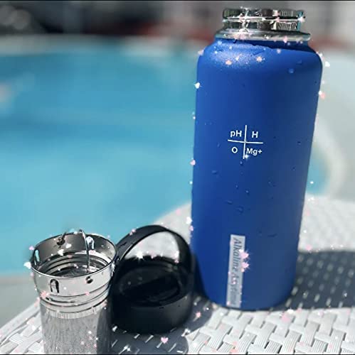 32 onces. Bouteille d'eau alcaline en acier inoxydable | Crée de l'eau pH jusqu'à 9,5+ pH | Large bouche isolée sous vide avec poignée | Pochette et infuseur Micromesh