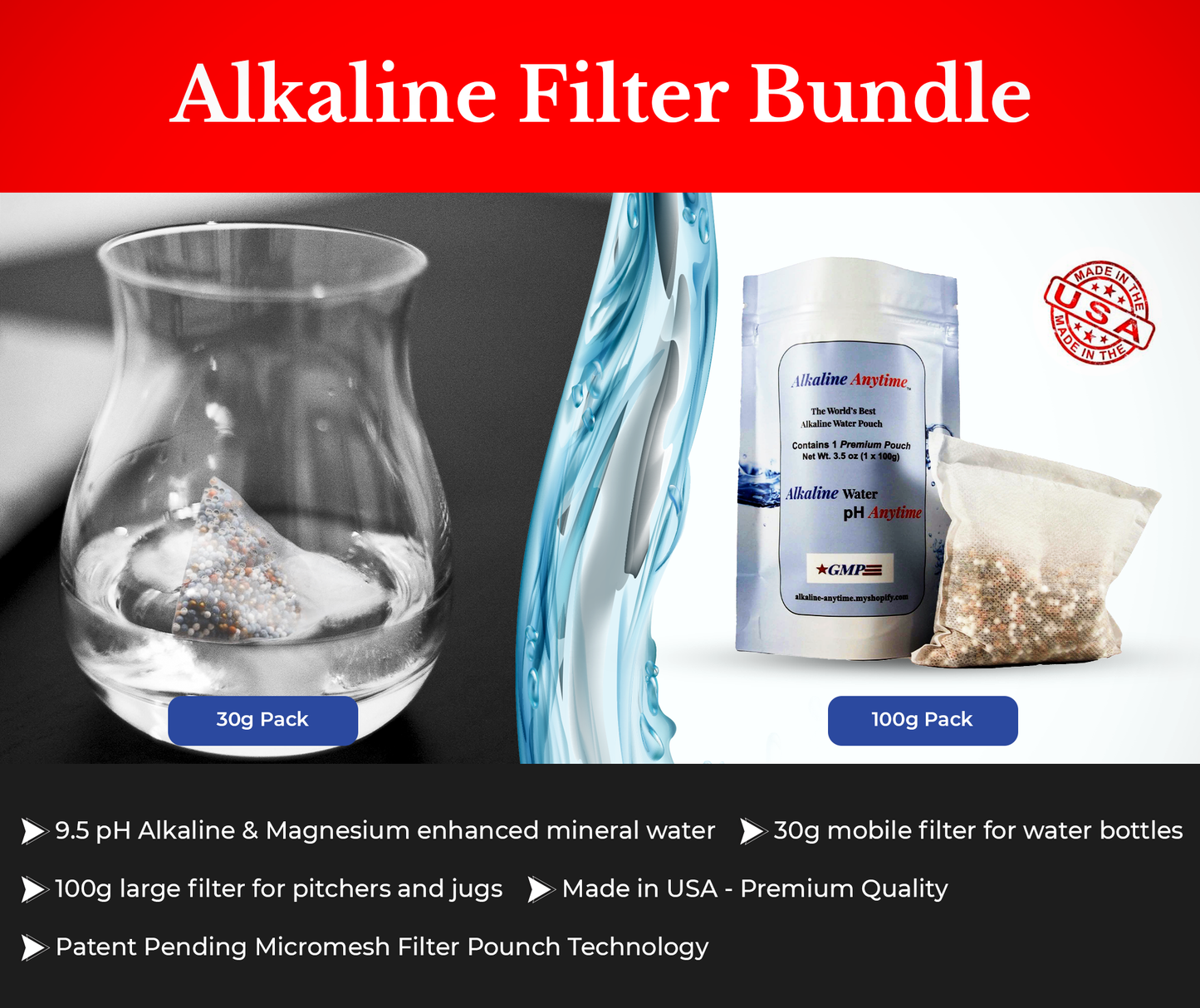 Lot de filtres alcalins à tout moment : la meilleure eau alcaline au monde - 3 paquets de 30 g et 3 paquets de 100 g, s'adaptent à n'importe quel récipient - 9,5 pH + électrolytes ionisés.