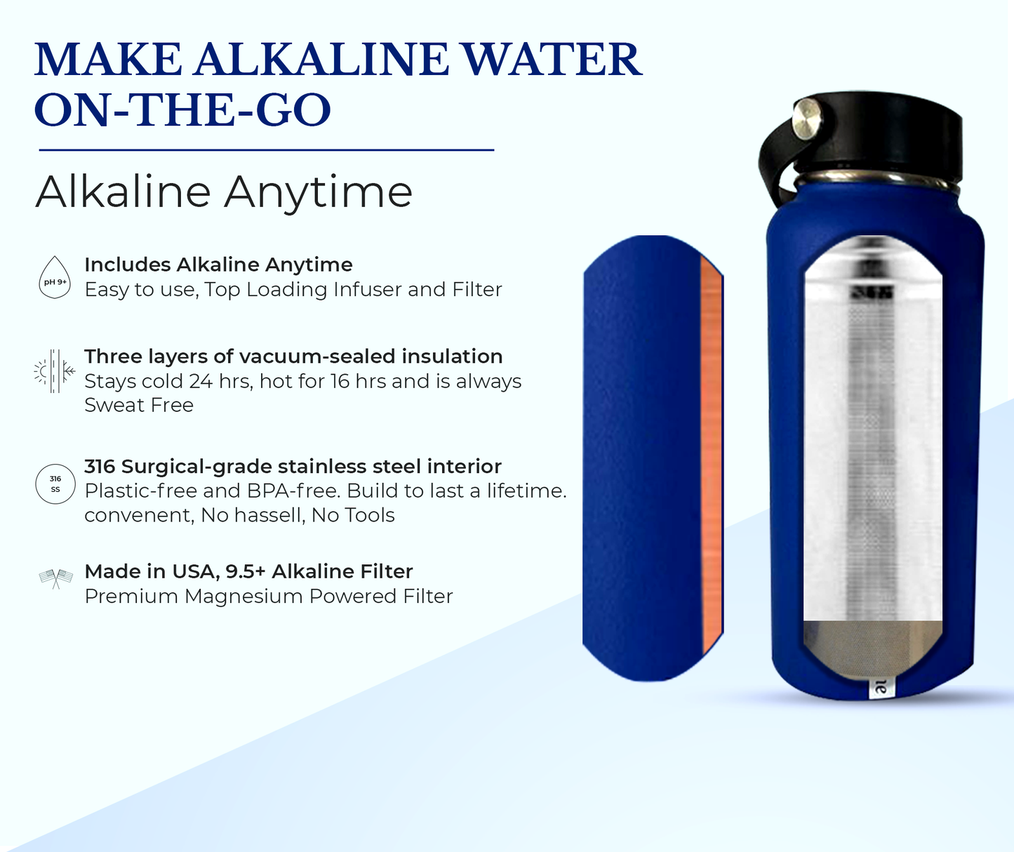 32 onces. Bouteille d'eau alcaline en acier inoxydable | Crée de l'eau pH jusqu'à 9,5+ pH | Large bouche isolée sous vide avec poignée | Pochette et infuseur Micromesh
