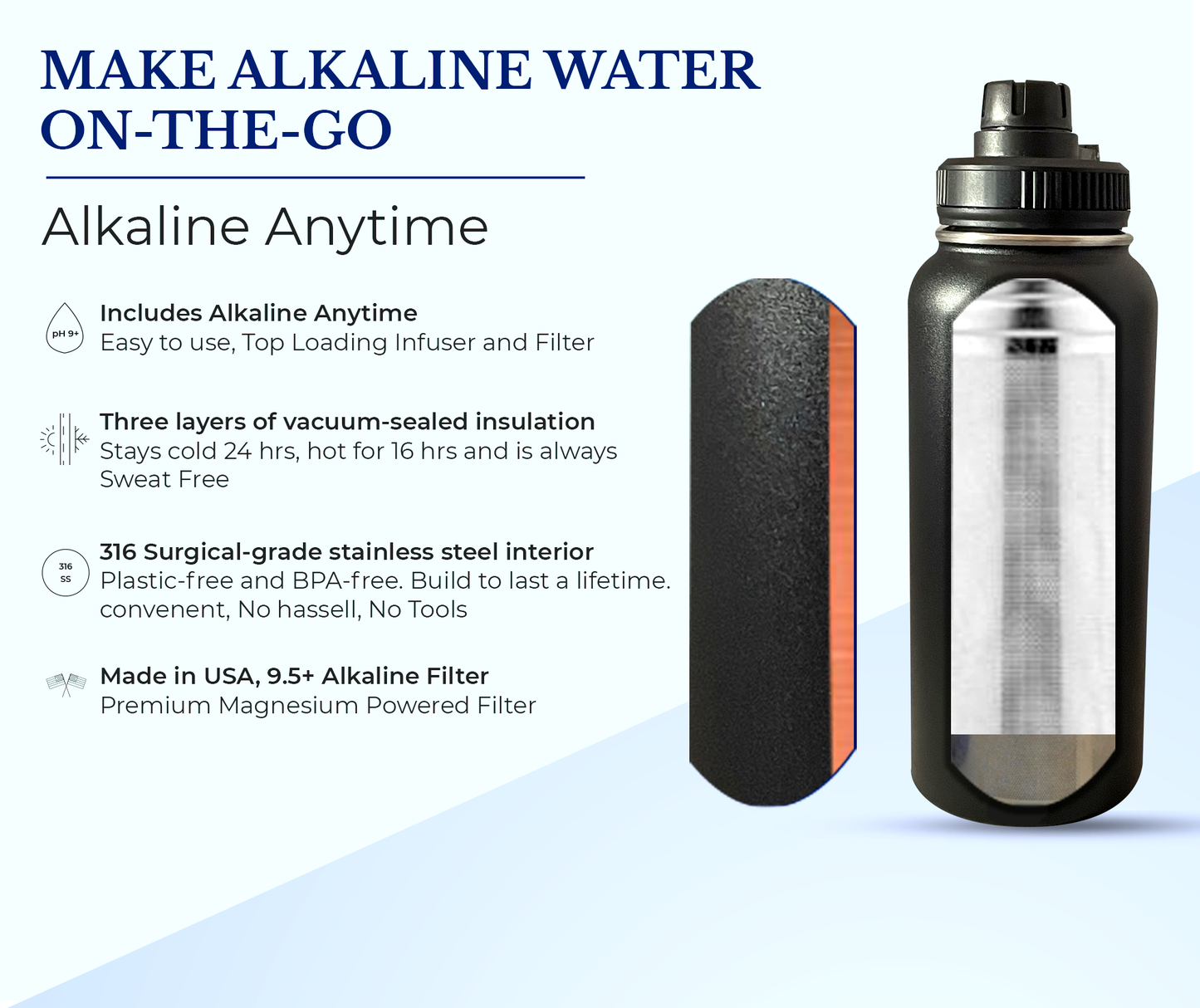 32 onces. Bouteille d'eau alcaline en acier inoxydable | Crée de l'eau pH jusqu'à 9,5+ pH | Large bouche isolée sous vide avec poignée | Pochette et infuseur Micromesh