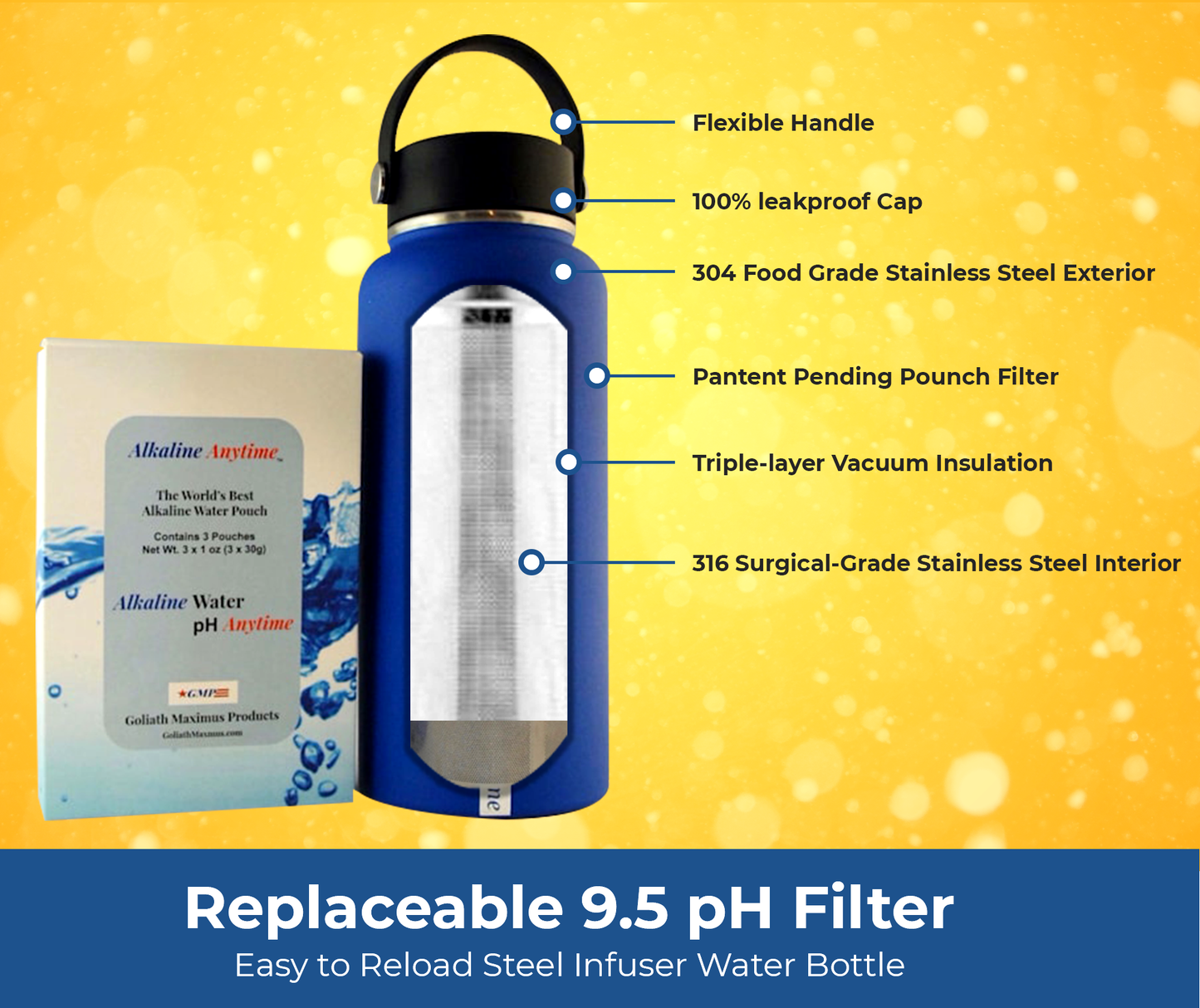 32 onces. Bouteille d'eau alcaline en acier inoxydable | Crée de l'eau pH jusqu'à 9,5+ pH | Large bouche isolée sous vide avec poignée | Pochette et infuseur Micromesh