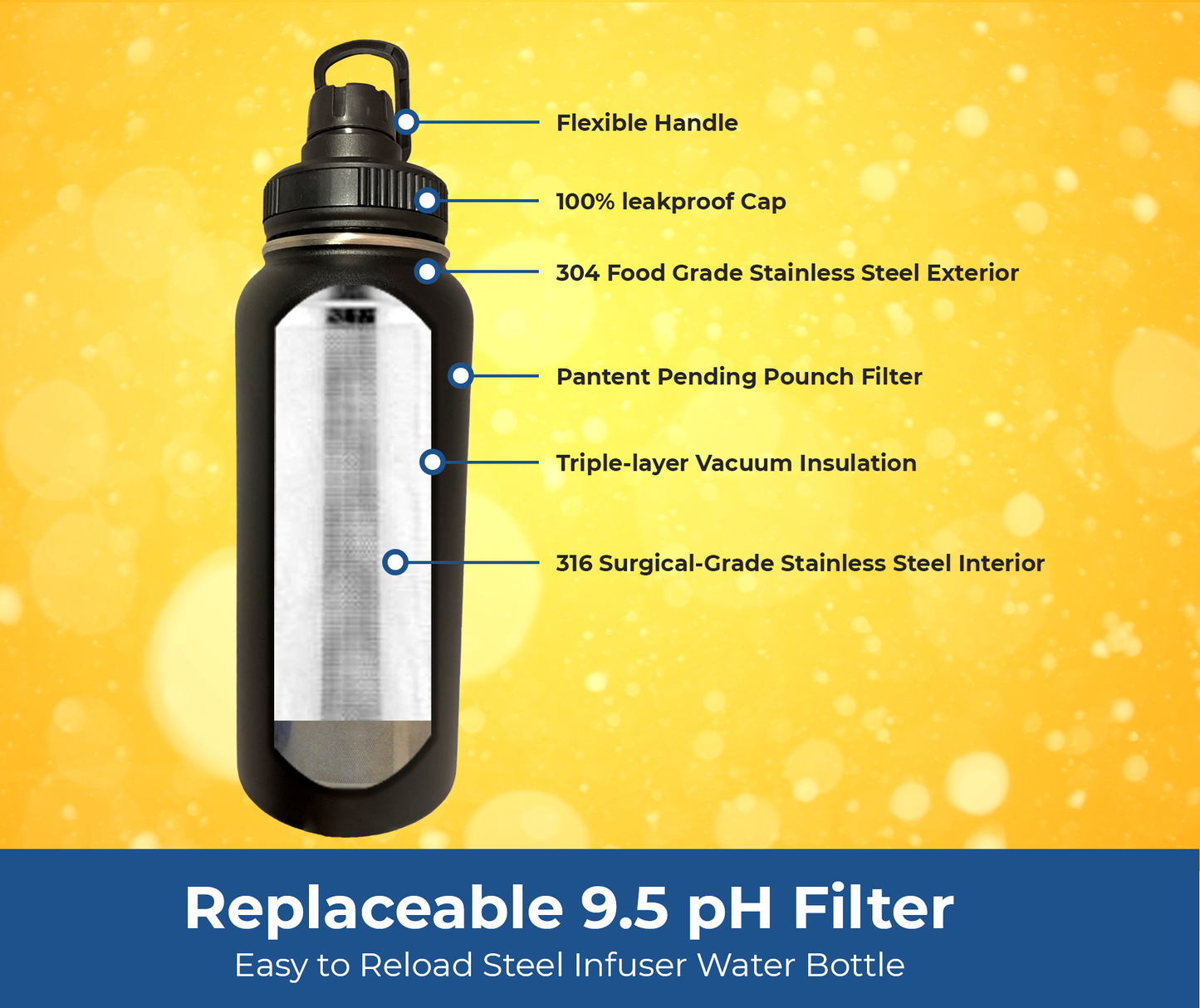 32 onces. Bouteille d'eau alcaline en acier inoxydable | Crée de l'eau pH jusqu'à 9,5+ pH | Large bouche isolée sous vide avec poignée | Pochette et infuseur Micromesh