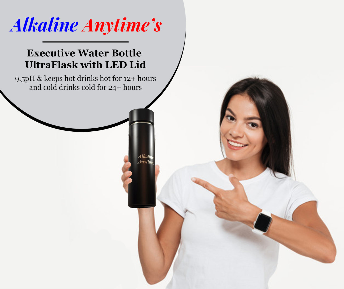 Alkaline Anytime Alkaline Water Bottle Flask-1 Alkaline Filter-2 Lids-LED Lid & Stainless Steel Lid - Alkaline Anytime