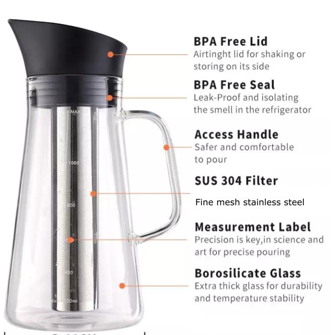 Pichet filtrant à eau alcaline avec infuseur, pichet en verre avec couvercle 1,5 L | Filtres alcalins pH 9,5 | Pichet à thé | Verre borosilicaté | Infuseur Pichet
