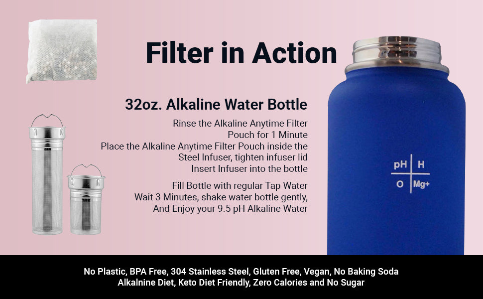 32 onces. Bouteille d'eau alcaline en acier inoxydable | Crée de l'eau pH jusqu'à 9,5+ pH | Large bouche isolée sous vide avec poignée | Pochette et infuseur Micromesh