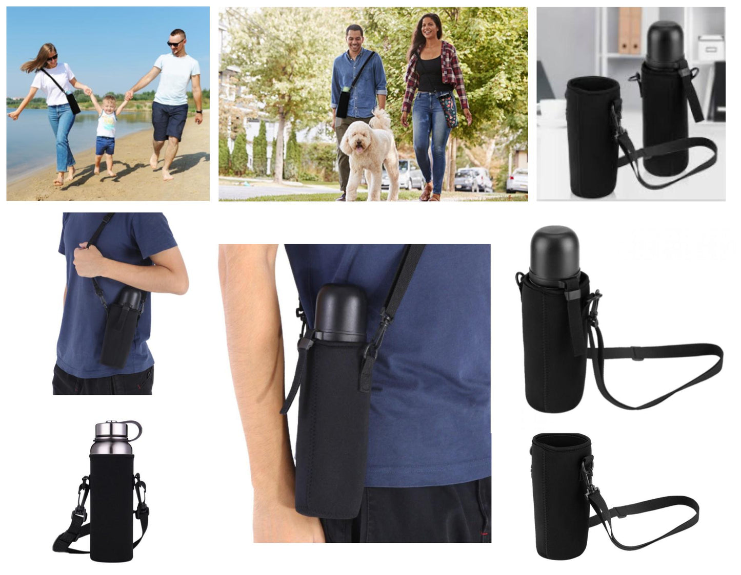 Sac de transport pour bouteille d'eau et porte-bouteille d'eau, sac de support isolé de qualité supérieure, bandoulière réglable, noir, convient aux bouteilles de 27 à 34 oz