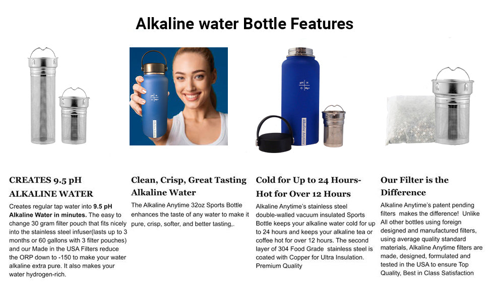 32 onces. Bouteille d'eau alcaline en acier inoxydable | Crée de l'eau pH jusqu'à 9,5+ pH | Large bouche isolée sous vide avec poignée | Pochette et infuseur Micromesh