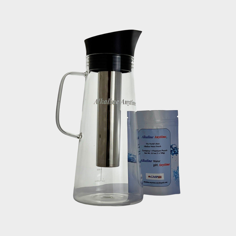 Pichet filtrant à eau alcaline avec infuseur, pichet en verre avec couvercle 1,5 L | Filtres alcalins pH 9,5 | Pichet à thé | Verre borosilicaté | Infuseur Pichet
