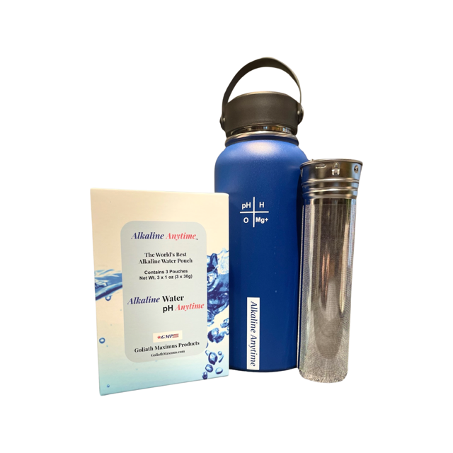 32 onces. Bouteille d'eau alcaline en acier inoxydable | Crée de l'eau pH jusqu'à 9,5+ pH | Large bouche isolée sous vide avec poignée | Pochette et infuseur Micromesh