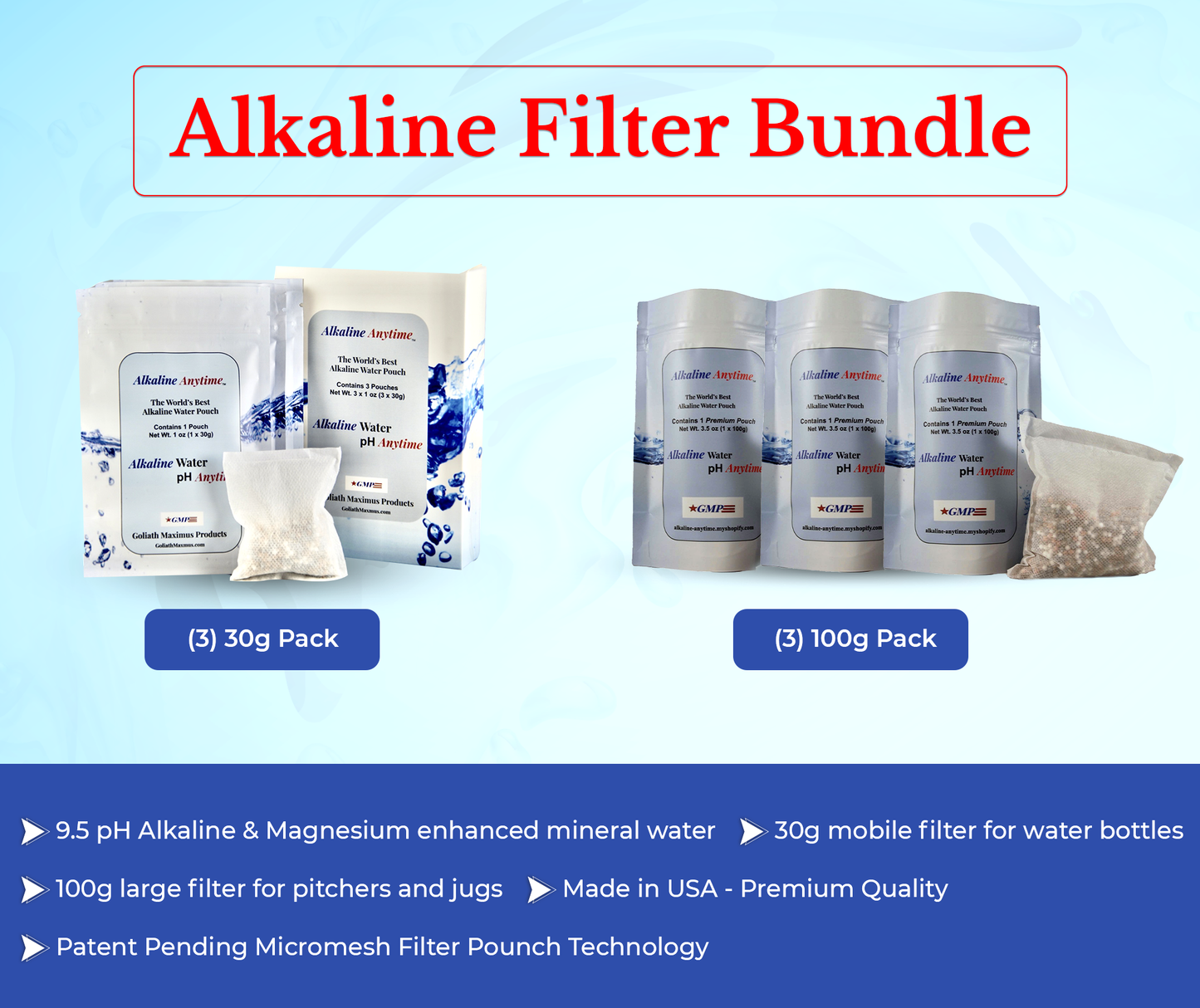 Lot de filtres alcalins à tout moment : la meilleure eau alcaline au monde - 3 paquets de 30 g et 3 paquets de 100 g, s'adaptent à n'importe quel récipient - 9,5 pH + électrolytes ionisés.