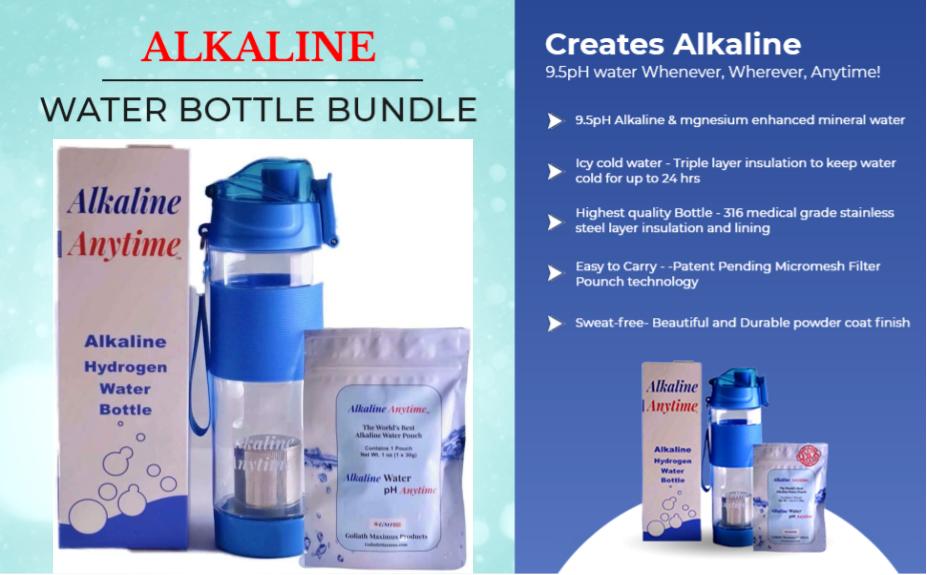 Alkaline Anytime-Sports Alkaline Water Bottle-1 (9.5pH) Filtre alcalin et infuseur en acier inoxydable